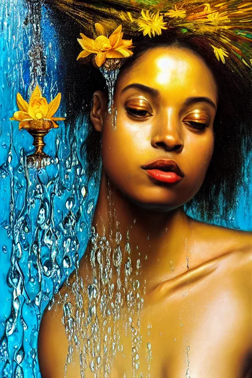 Image similar to hyperrealistic precisionist cinematic very expressive! oshun goddess, in water! john everett millais, mirror dripping droplet!, gold flowers, highly detailed face, digital art masterpiece, smooth eric zener cam de leon, dramatic pearlescent turquoise light on one side, low angle uhd 8 k, shallow depth of field