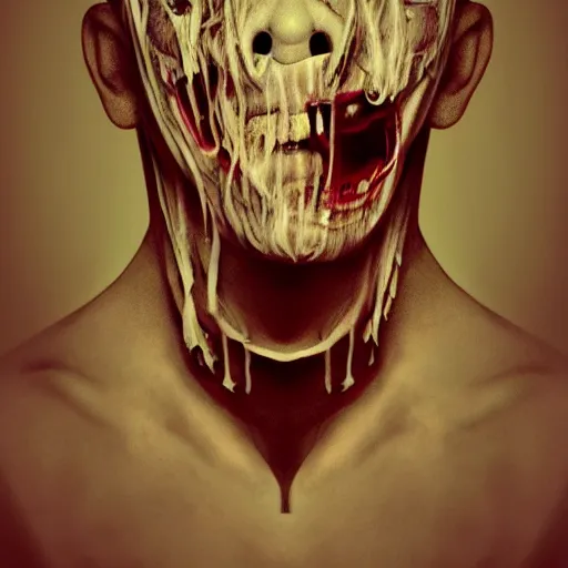 Prompt: face shredded like paper as skin peeling scream, dark, surreal, illustration, realistic horror