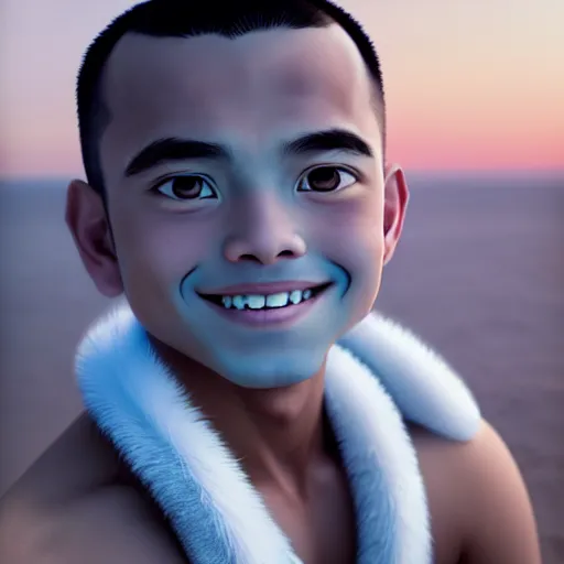 Image similar to beautiful serene intricate photograph of sokka from the water tribe as an inuit young man with light blue eyes, smiling confidently, relaxing on the beach, golden hour, soft focus, 8 k, art by irakli nadar, hyperrealism, hyperdetailed, ultra realistic