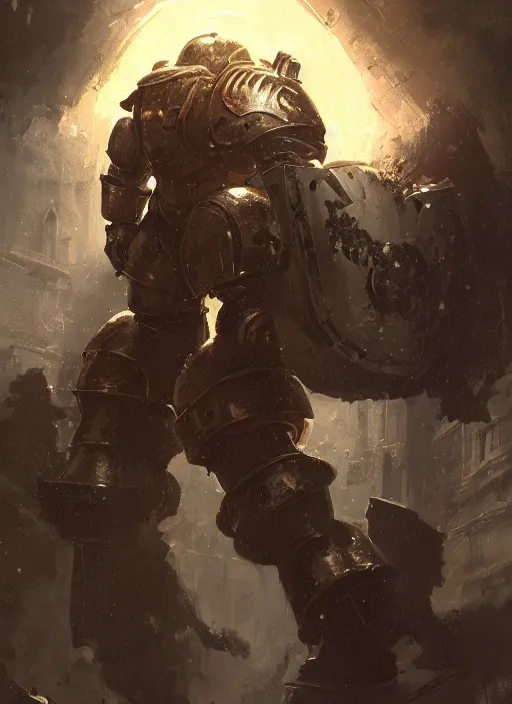 Image similar to medieval knight power armour, concept art, space marine, medieval, highly detailed, cinematic lighting, sparks, digital art painting by greg rutkowski