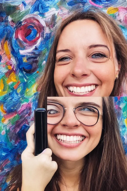 Image similar to a smiling women taking a zoomed out selfie, hyper realistic photography, highly detailed, sharp focus, good vibes, realistic, highly detailed attribute, award winning, art by portrait realistic illustrators