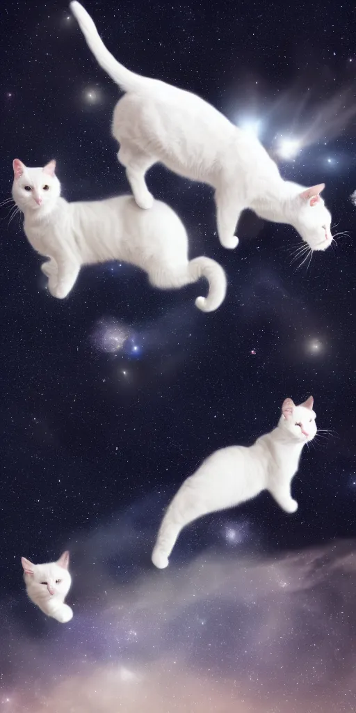 Image similar to white cats floating in space. andromeda in the background, 4k, high quality photo