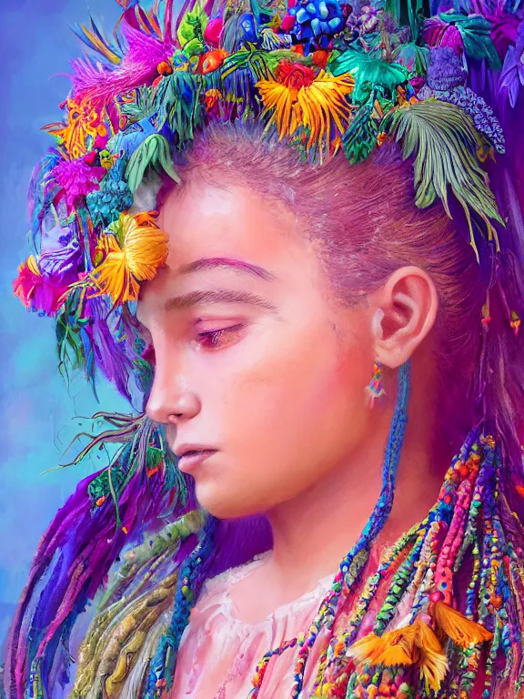 Image similar to beautiful portrait of a Subtropics minority colorful pigtail female wearing fantastic Hand-dyed cotton dress, embellished beaded and decorative fringe knots ,around subtropical plants and flowers and birds,intricate, elegant, highly detailed, dim volumetric lighting, 8k,octane,post-processing,digital painting, trending on artstation, concept art, smooth, sharp focus, illustration,by Tom Bagshaw and Daniel Gerhartz and Albert Aublet and Lawrence Alma-Tadema and alphonse mucha