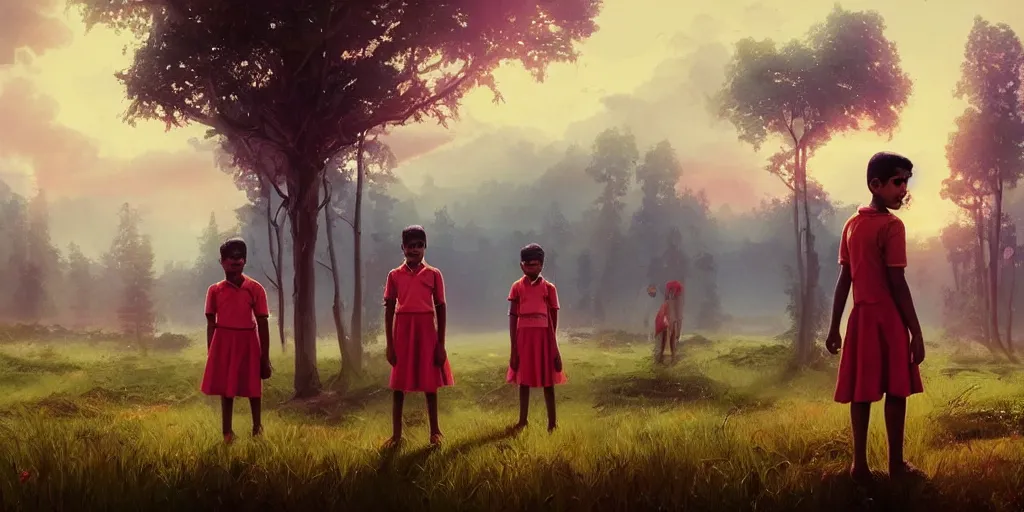 Prompt: kerala school boys wearing girls dresses posing for a photo, daylight, an epic fantasy, dramatic lighting, cinematic, establishing shot, extremely high detail, photorealistic, cinematic lighting, artstation, matte painting by simon stalenhag, horizon forbidden west landscape