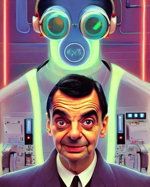 Prompt: mr bean as future coder man looking on, sleek cyclops display over eyes and sleek bright headphoneset, neon accent lights, holographic colors, desaturated headshot portrait digital painting by dean cornwall, rhads, john berkey, tom whalen, alex grey, alphonse mucha, donoto giancola, astronaut cyberpunk electric