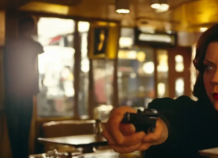 Prompt: cinematic portrait of olivia coleman holding a handgun, in classic diner, scene from the tense thriller film ( 2 0 0 1 ) directed by spike jonze, hyper - detailed face dramatic backlit window, volumetric hazy lighting, moody cinematography, 3 5 mm kodak color, anamorphic wide angle lens