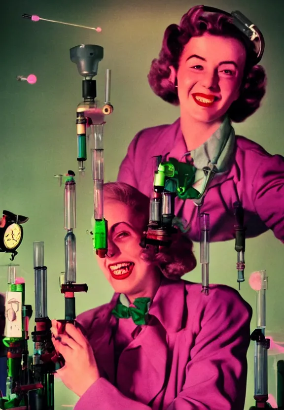 Prompt: A female mad scientist smiling in a darkly lit laboratory field with test tubes, constructing a partially-built realistic robotic man in a suit, 1950s horror film movie poster style, retro vintage, saturated pink and green lighting