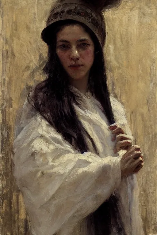 Image similar to Richard Schmid and Jeremy Lipking full length portrait painting of a young beautiful woman bible priestess in elaborate costume