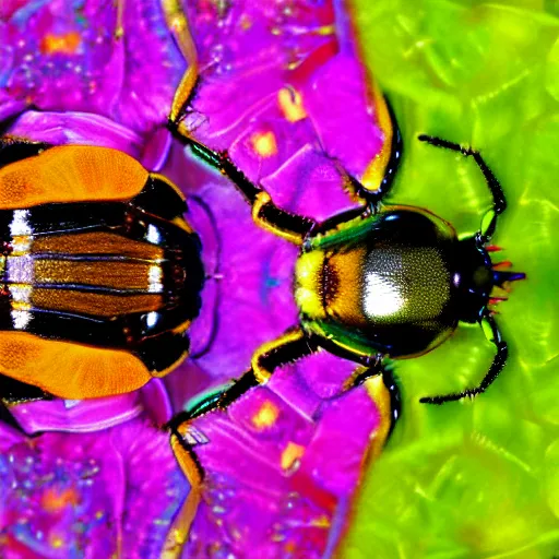 Prompt: beetle seen through a kaleidoscope, 8 mm macro photography, colorful, very very very detailed, water drops, national geographic