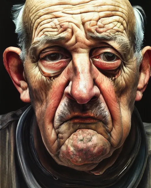 Prompt: an extreme close up portrait a very ordinary old man with an sad expression, side angle, head and shoulders shot, by Lucian Freud and Jenny Saville, oil painting, anatomically correct, beautiful perfect face, visible brushstrokes, sharp focus, Highly Detailed, Cinematic Lighting, 8k, HD