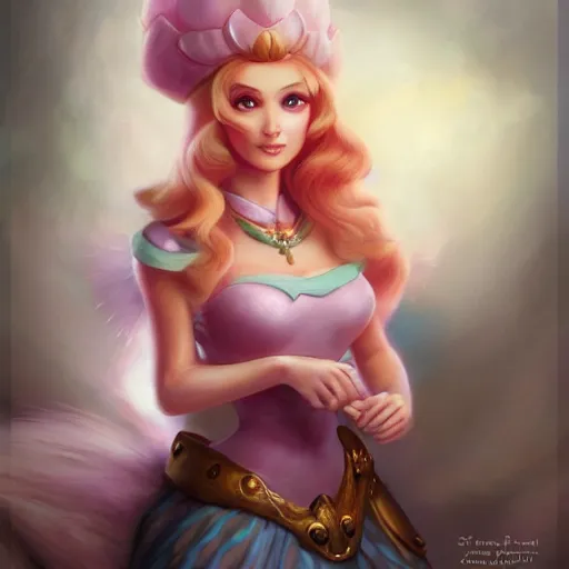 Image similar to princess peach as realistic human character art portrait, matte fantasy painting, deviantart artstation, by jason felix by steve argyle by tyler jacobson by peter mohrbacher, cinema c 9. 0