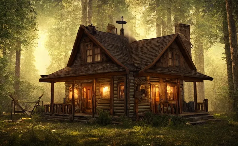 Image similar to photorealistic steampunk cabin in the forest. daylight stars. light fixtures. 8K. detailed. photorealism. artstation. 14 mm. ultra realistic