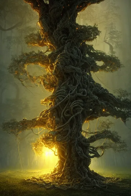 Image similar to a macro of an ancient tree made from cables and bio - organic micro organisms growing in a mystical setting, cinematic, beautifully lit, by tomasz alen kopera and peter mohrbacher and craig mullins, 3 d, trending on artstation, octane render, 8 k