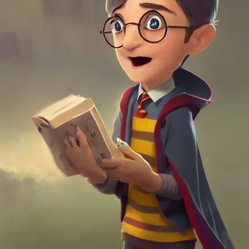 Image similar to a wholesome animation key shot of a cute chibi harry potter student, colorful, pixar and disney animation, sharp, very detailed, high resolution, key art by greg rutkowski, bloom, dramatic lighting