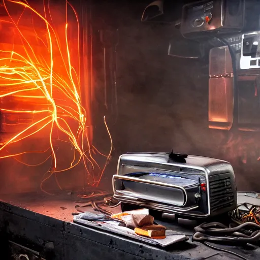 Image similar to overcharging toaster oven, tangles of metallic cables, dark messy smoke - filled cluttered workshop, dark, dramatic lighting, orange tint, sparks, plasma charges, cinematic, highly detailed, sci - fi, futuristic, movie still