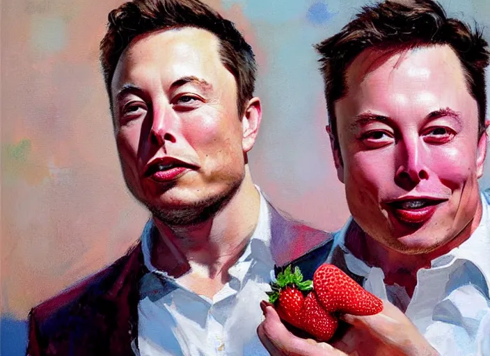 Image similar to a highly detailed beautiful portrait of elon musk with a strawberry, by gregory manchess, james gurney, james jean