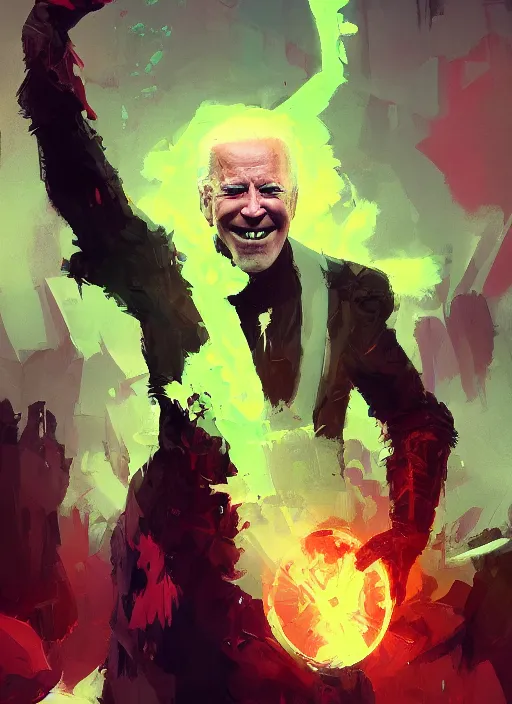 Prompt: dark Joe Biden grinning emperor of the world, high contrast with devil horns, cosmic horror, abstract, masterpiece, trending on ArtStation, by Greg Rutkovski and by Craig Mullins and by David Cronenberg and by Ismail Inceoglu