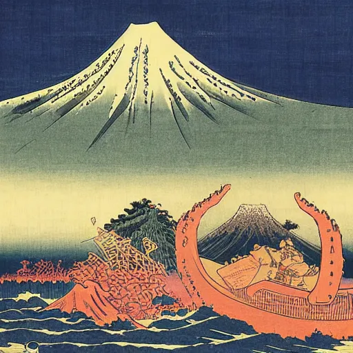 Image similar to Giant banana fighting against Godzilla with mount fuji in the background by Hokusai, ukio-e