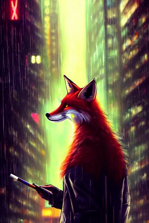 Image similar to beautiful portrait of an extremely tall female anthro fox, smoking a cigarette in the rain, towering over the crowds in a wet street of a city, cyberpunk, harsh neon lights, highly detailed, deep shadows, digital painting, shallow depth of field, illustration, art by sakimichan, artgerm