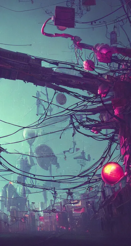 Image similar to beautiful low angle painting of an alien world with unknown structures and technology, gardenpunk, wires everywhere, junk on the ground, neon lights, moody atmosphere, epic composition, dramatic lighting, trending on artstation, octane render, by robert zemeckis