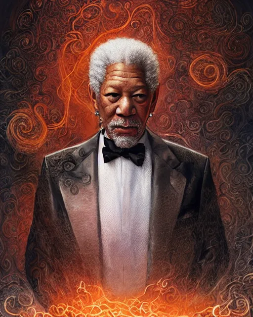 Image similar to a highly detailed portrait of Morgan Freeman as a devious male magician radiating a powerful energy aura, ornate back tuxedo, wispy tendrils of smoke, swirling vortex of energy, performance art, intricate, digital painting, old english, raining, sepia, particles floating, whimsical background by marc simonetti, art by artgerm and greg rutkowski and alphonse mucha