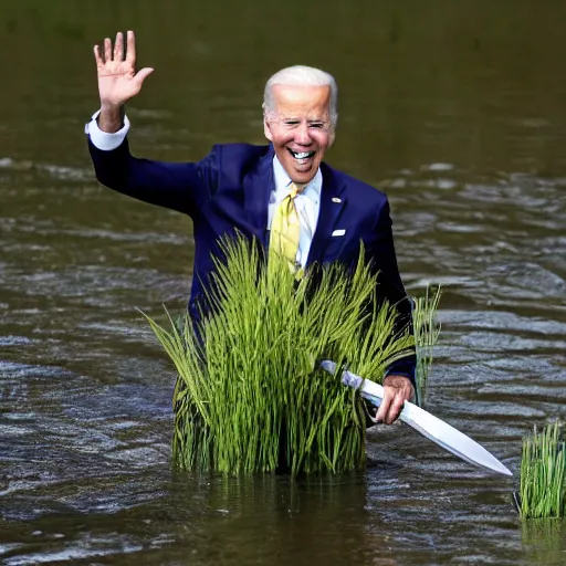 Image similar to joe biden rising out of swamp water with a knife