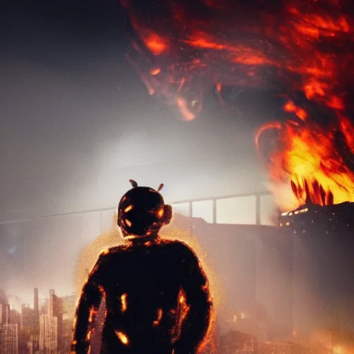 Prompt: damaged and charred metallic android emerging from fire and smoke, carrying a sleeping child, background of futuristic cityscape, buildings on fire, no blur, high detail, movie still, nighttime