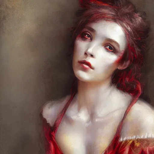 Image similar to Brian Froud and Jean-Baptiste Monge and Solomon Joseph Solomon and Richard Schmid and Jeremy Lipking victorian genre painting portrait painting of a young beautiful woman marverl DC comic book character fantasy costume, red background