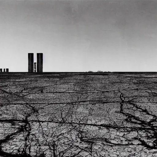 Image similar to barren city, nuclear wasteland, Fallout aesthetic, Anselm Kiefer