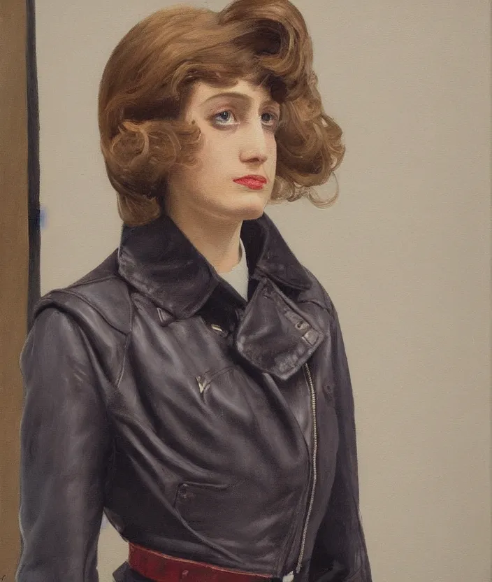 Image similar to a very detailed painting of an 8 0 s jacket with big shoulder pads, very aesthetic leather jacket, detailed closeup of leather jacket, front view, very fashionable, in the style of edward hopper and oswald hornby joseph birley and susan ryder, very small brushstrokes, 4 k,