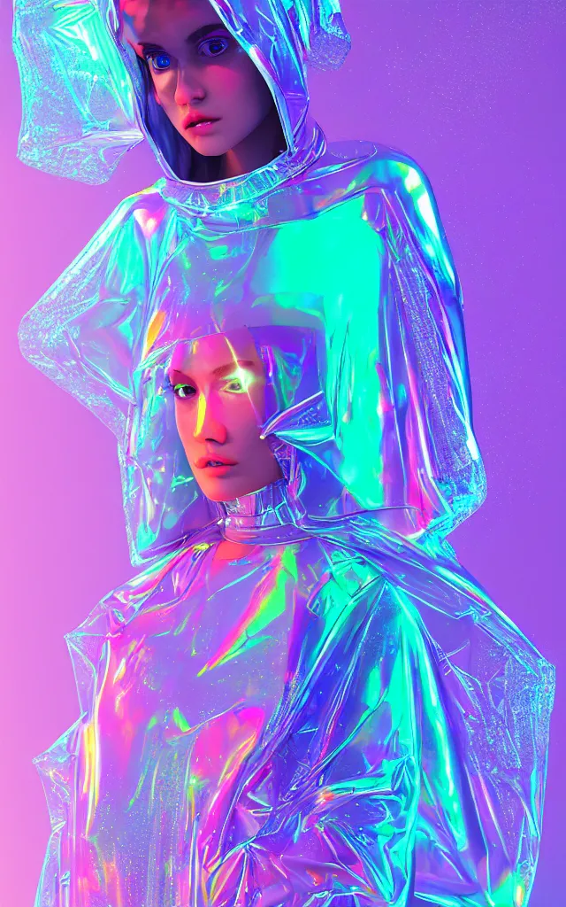 Prompt: transparent sportive poncho, holographic plastic, pearl shine translucency, fashion design, neon illumination, qr detailed sleeves, sport photoshoot, music festival style, digital art, highly detailed, character design, artstation, concept art