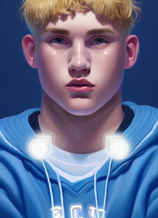 Image similar to portrait of high school senior boy named big moose, blonde short hair, jock, beefy, wide face, square jaw, square facial structure, blue varsity jacket with letter r, intricate, elegant, glowing lights, highly detailed, digital painting, artstation, concept art, sharp focus, illustration, art by wlop, mars ravelo and greg rutkowski