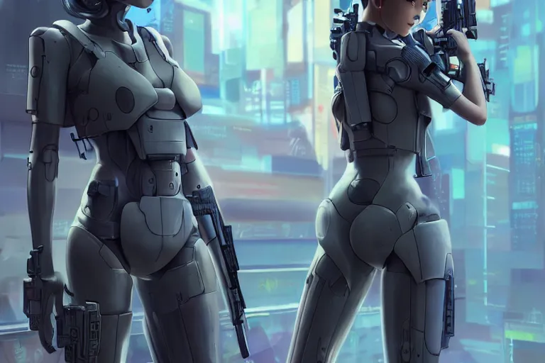 Image similar to young female japanese sniper aiming a railgun sniper rifle, neon, cyberpunk, futuristic, full cybernetic combat suit, short bob haircut, stunning, highly detailed, digital painting, smooth, soft focus, illustration, ghost in the shell, 4 k digital art from artstation by artgerm and greg rutkowski and alphonse mucha