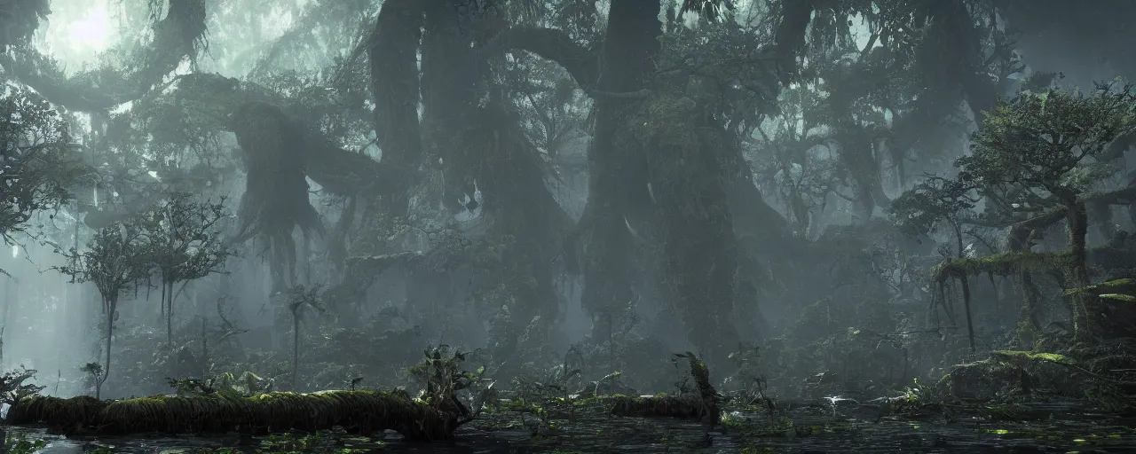 Prompt: a stunning wide shot view of a mythical rainforest, screenshot from bloodborne