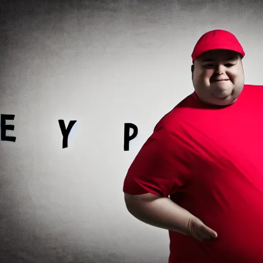 Image similar to very obese man with a t-shirt and a cap with the letter P, writing on a book