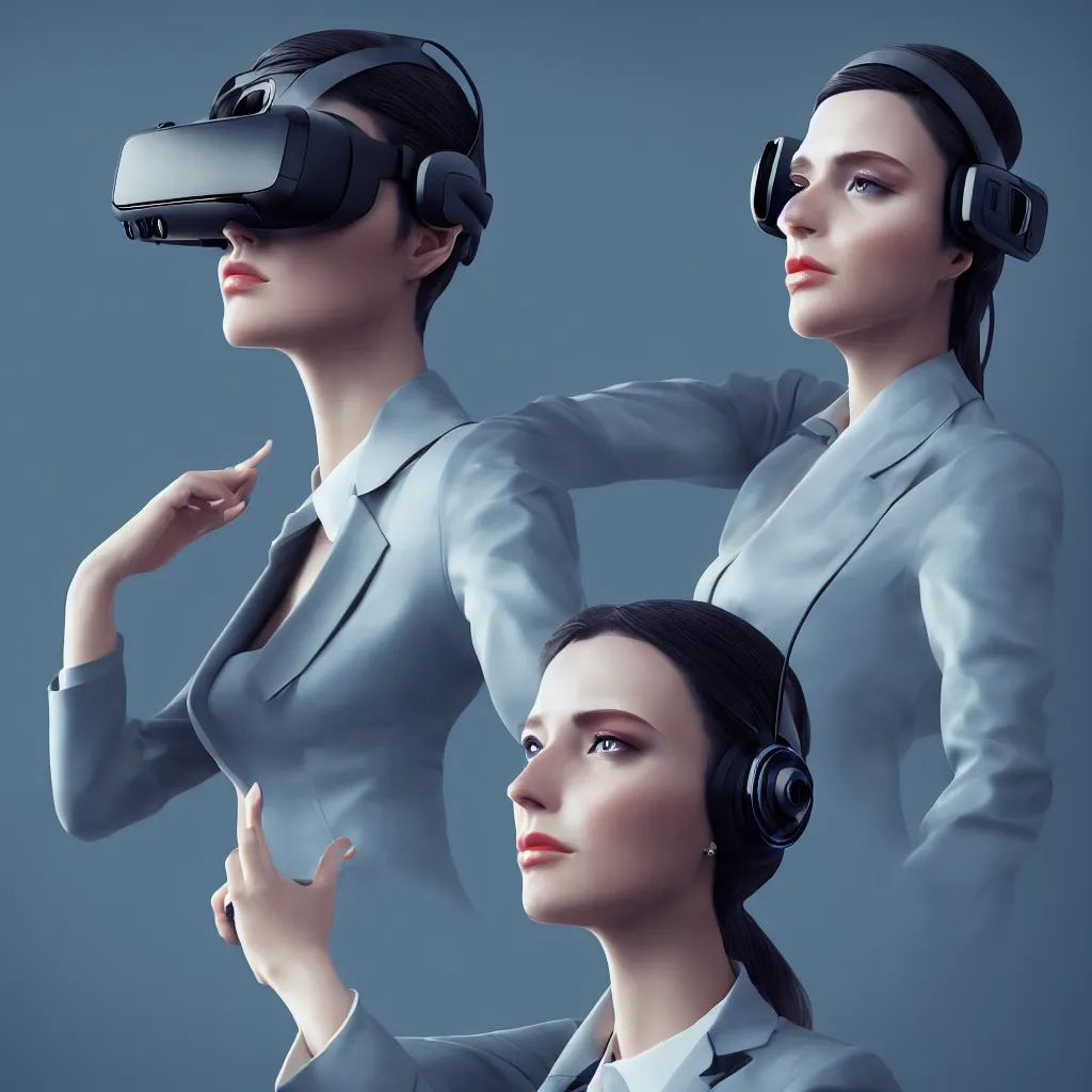 Image similar to beautiful render, futuristic businesswoman with VR headset, intricate, elegant, highly detailed, digital painting, artstation, concept art, smooth, sharp focus, octane render, dramatic lighting