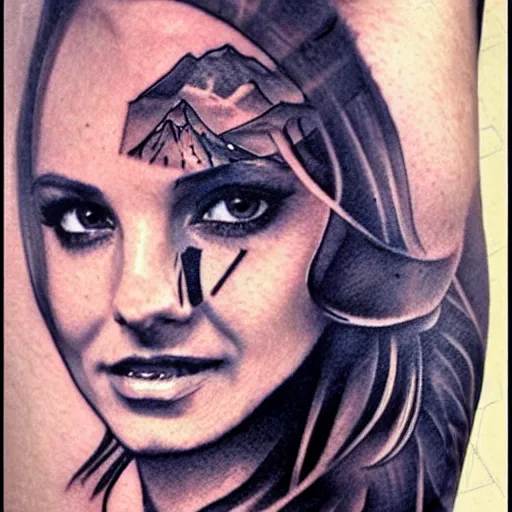 Image similar to realistic tattoo sketch of peta jensen face double exposure effect with a mountain scenery, in the style of matteo pasqualin, amazing detail, sharp