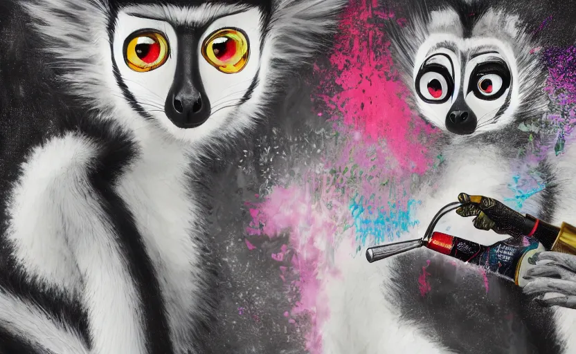 Prompt: a portrait of a lemur holding a can of spray paint and spraying design on a wall, digital painting masterpiece, painted by joji morikawa, by osamu tezuka, by yukito kishiro, by ikuto yamashita, 4 k wallpaper, beautiful, gorgeous