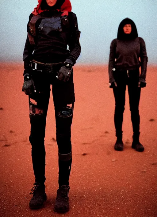 Image similar to cinestill 5 0 d photographic portrait of two loving female androids wearing rugged black techwear on a desolate plain with a red sky, extreme closeup, lizard on ground, cyberpunk style, in front of a brutalist dark metal facility, dust storm, 3 5 mm, 8 k, f / 3 2, high resolution, ultra realistic faces