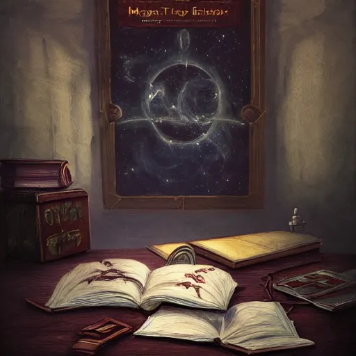 Prompt: concept art of a magic story book on a vintage desk. the space around it is dark. artstation, digital art, cutscene graphic, oil painting, fantasy