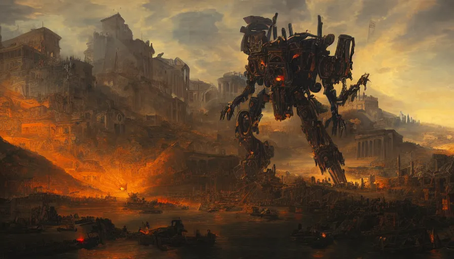 Image similar to 1 7 3 1's baroque painting of mecha destroying athens, hyperdetailed, artstation, cgsociety, 8 k