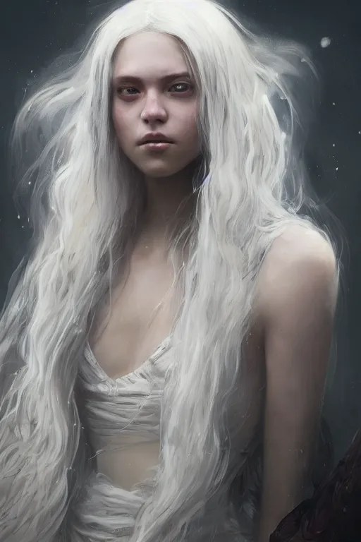 Image similar to a fancy portrait of a young female teenager with long white hair by greg rutkowski, sung choi, mitchell mohrhauser, maciej kuciara, johnson ting, maxim verehin, peter konig, bloodborne, 8 k photorealistic, cinematic lighting, hd, high details, dramatic, dark atmosphere, trending on artstation