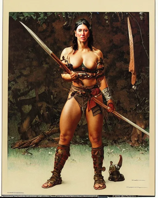 Image similar to front view portrait of a savage muscular barbarian female with leather armor, by norman rockwell