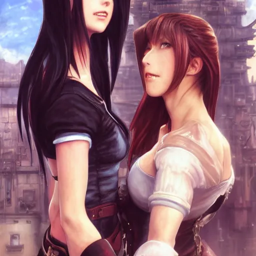 Image similar to a painting of tifa lockhart and aerith gainsborough from final fantasy 7, dressed up as in the final fantasy remake, the midgard steam punk city as backdrop, by greg rutkowski, artgerm, wlop, ruan jia, krenz cushart, alphonse mucha, rain, unreal engine 5