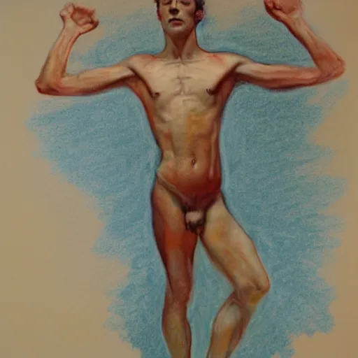 Image similar to an artistic color dry pastel study of a young male body, full body, dynamic pose, berne hogarth, david hockney