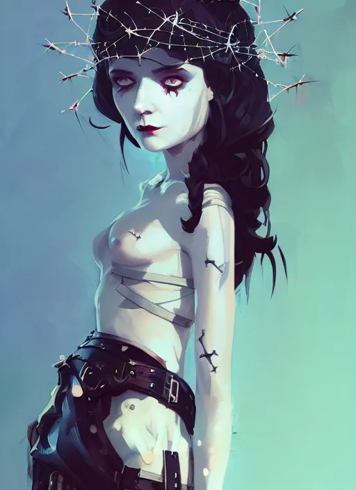 Prompt: portrait of cute goth maiden girl with crown of thorns and white short hairs, dressed in belts, warhammer, cyberpunk, by atey ghailan, by greg rutkowski, by greg tocchini, by james gilleard, by joe gb fenton, by kaethe butcher, dynamic lighting, gradient light blue, brown, blonde cream and white color in scheme, grunge aesthetic