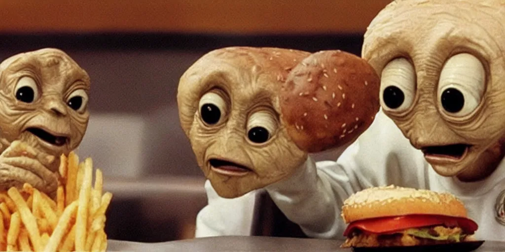 Prompt: e. t sitting in a mc donald ’ s restaurant with an angry expression because he got the wrong hamburger.