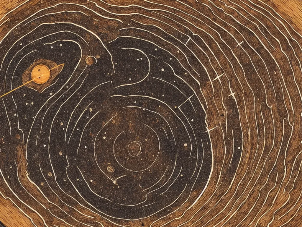 Image similar to wood engraving of a solar system diagram burned into a slice of log, on a white background