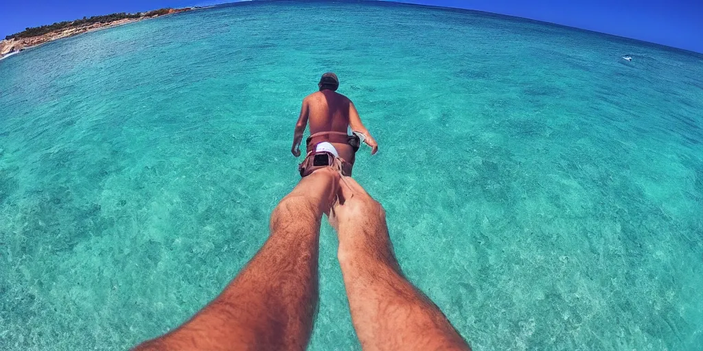 Prompt: gopro footage of a man walking into the ocean, azure blue water, slight grain