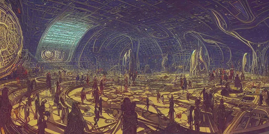 Image similar to the interior of a scifi space station with ornate elven architecture bustling with people by jean giraud moebius, crystalline, emerald, highly detailed matte illustration by moebius, clean lines, sharp focus, intricate, elegant